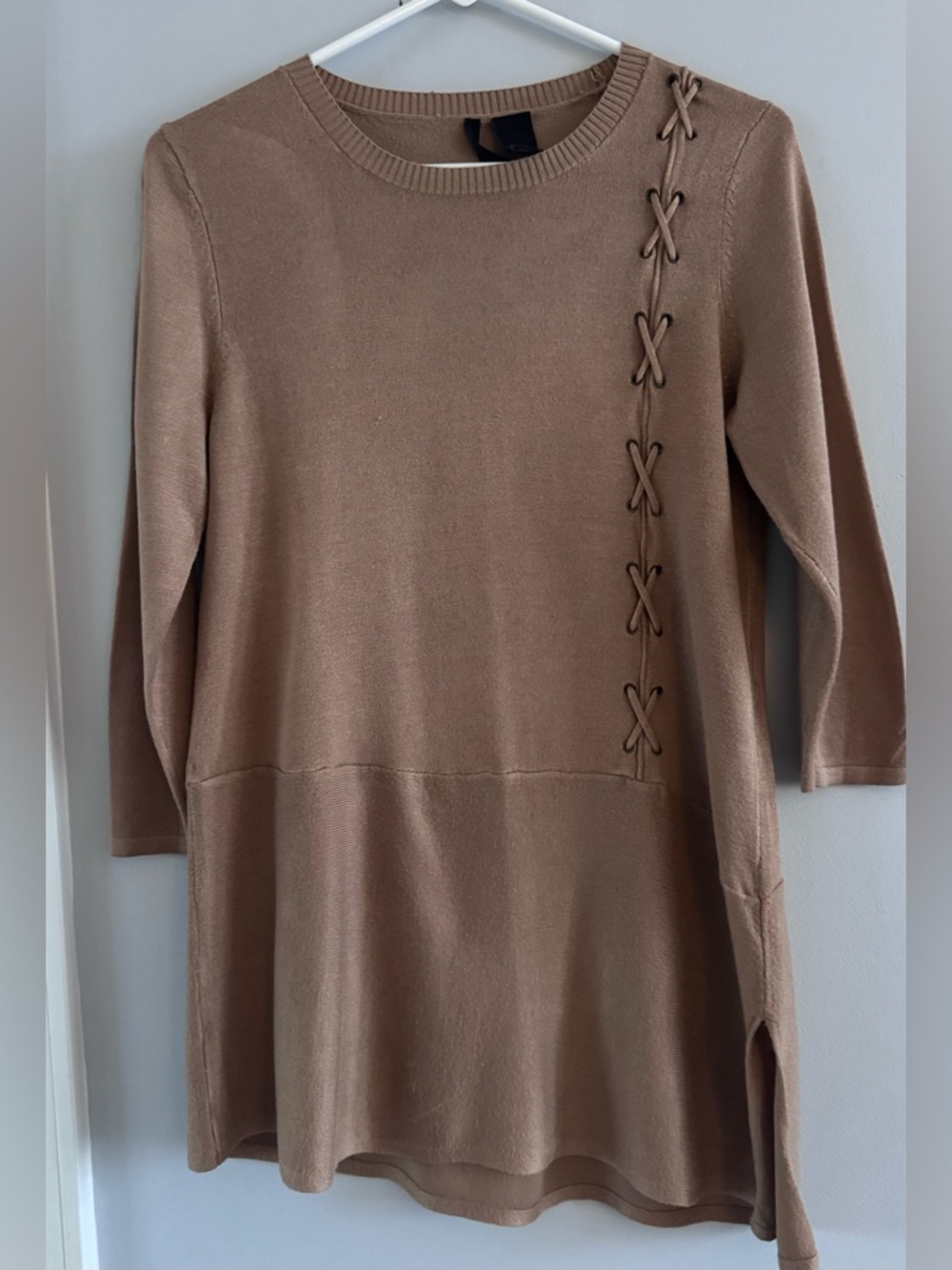 New Directions Petite Lace Up Sweater PS Tan Lightweight Knit Top